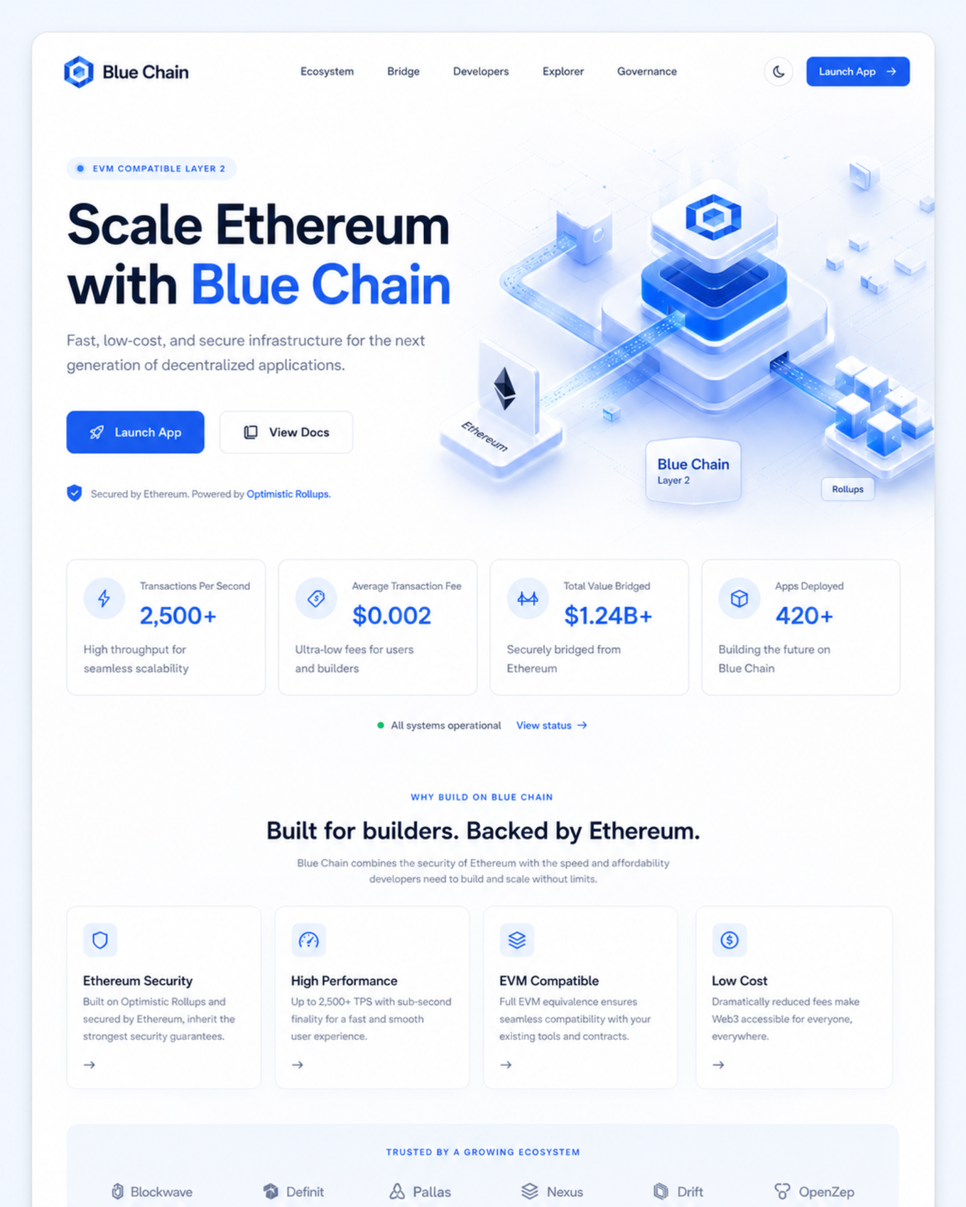 Homepage with Layer 2 value proposition and network metrics.
