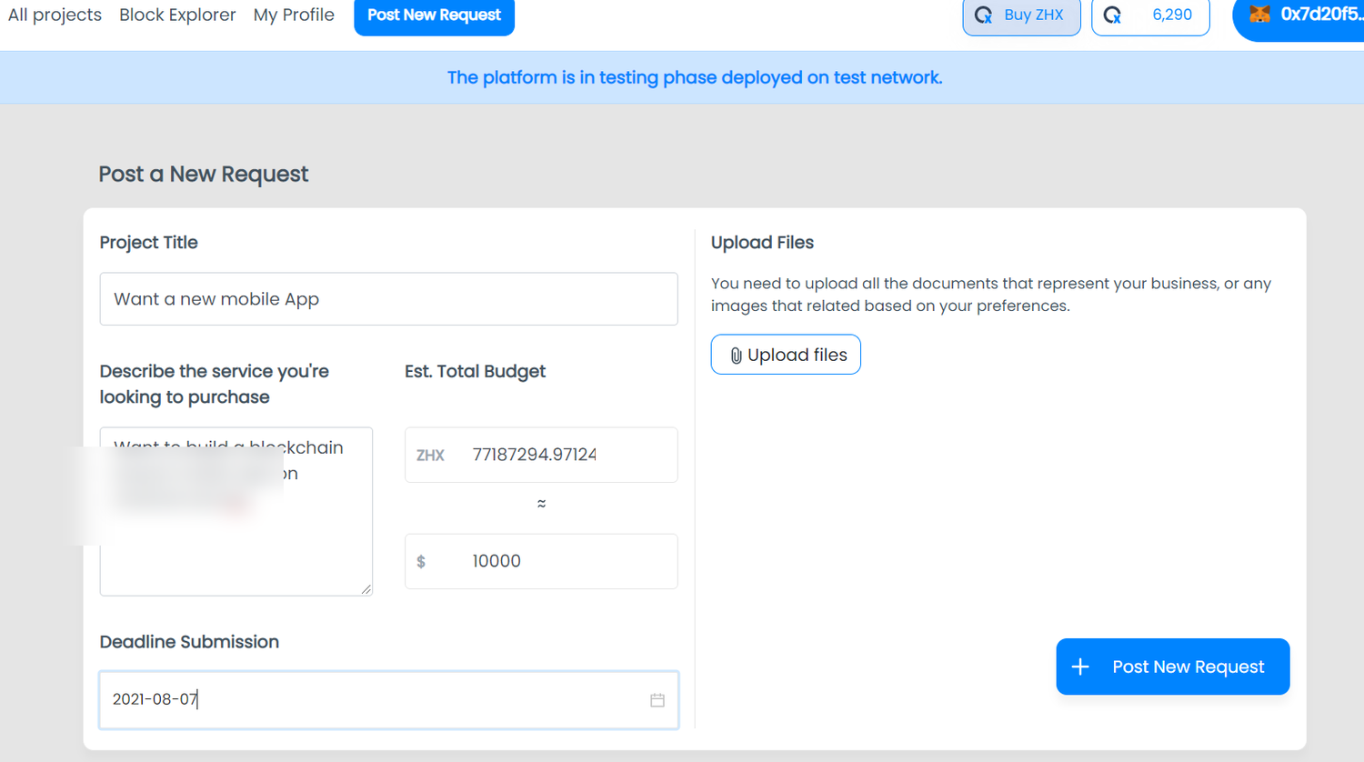 Project detail and provider submission screen with sensitive name area blurred.