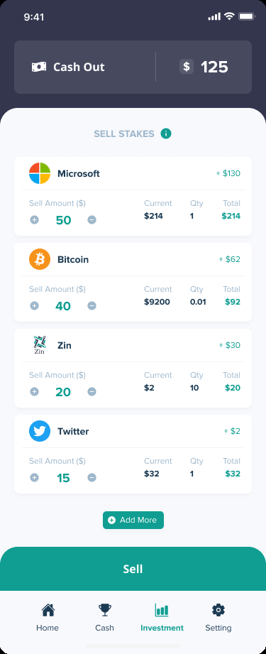 Cash-out and sell-stakes workflow.